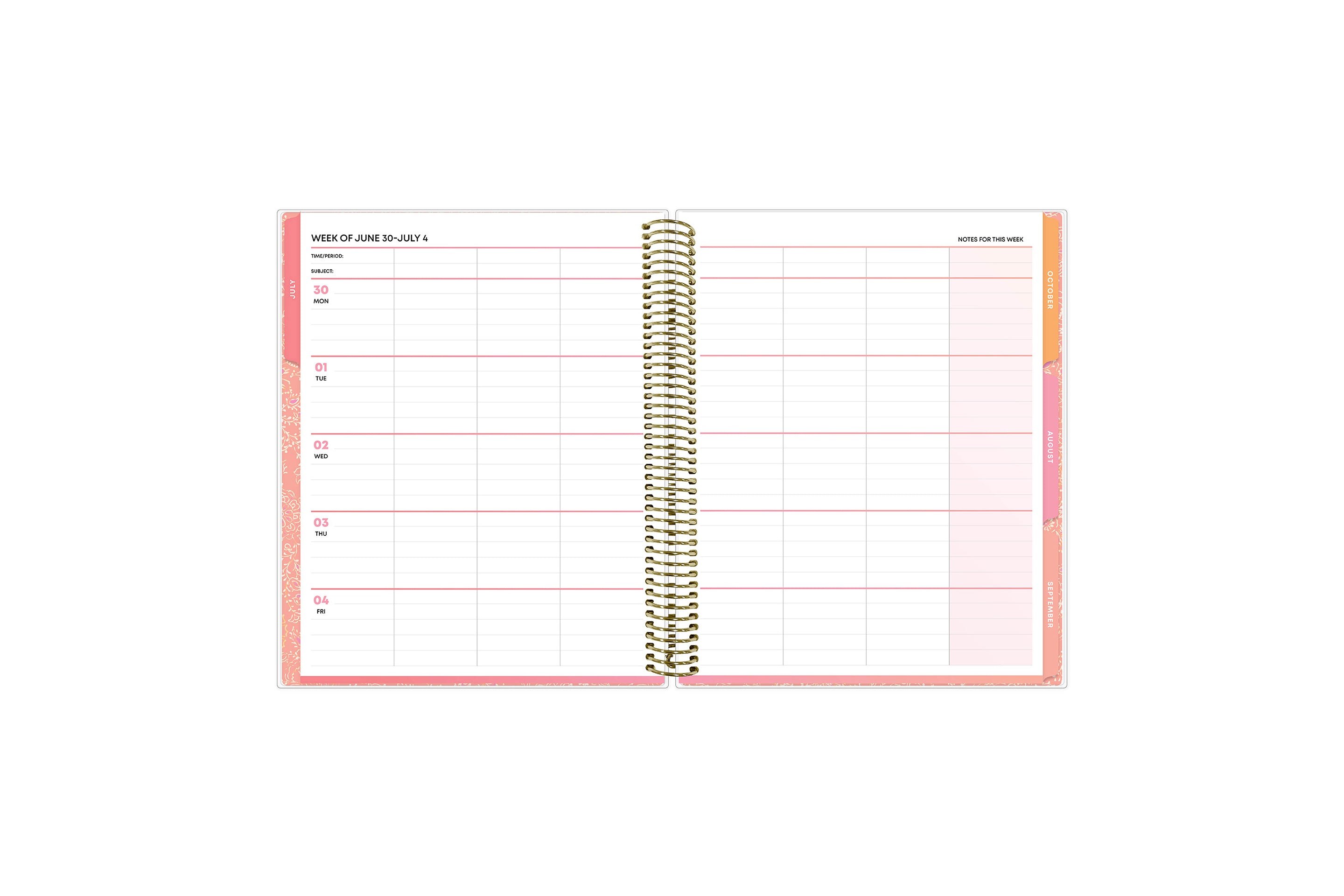 8.5x11 teacher lesson planner featuring a weekly spread with a section for each day, ample clean writing space and lined notes section