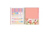 8.5x11 teacher lesson planner featuring high quality paper, storage pocket, sticker sheet, and colorful monthly tabs