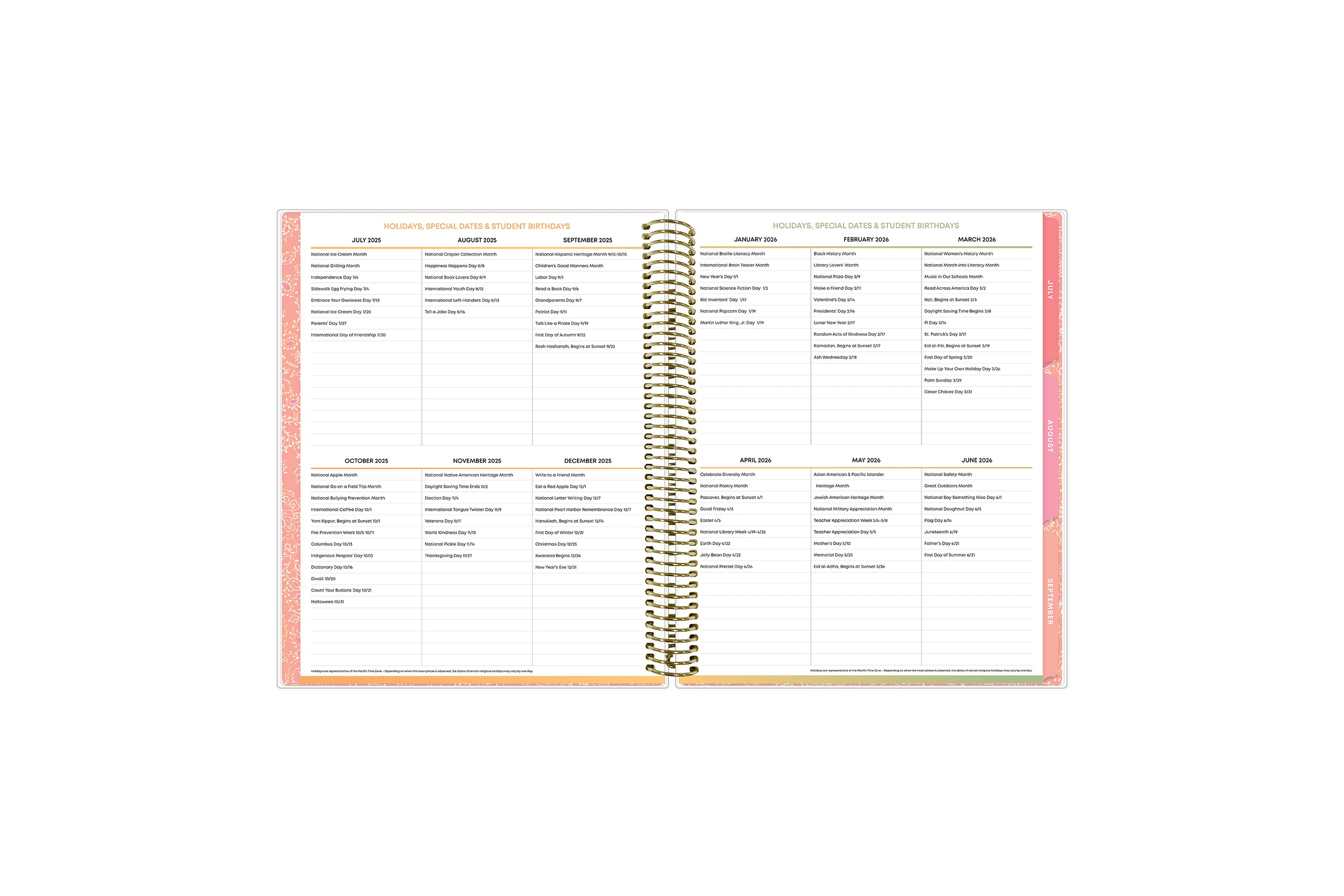 Holidays, special dates, and birthdays for students on each sheet featured for this 8.5x11 teacher lesson planner