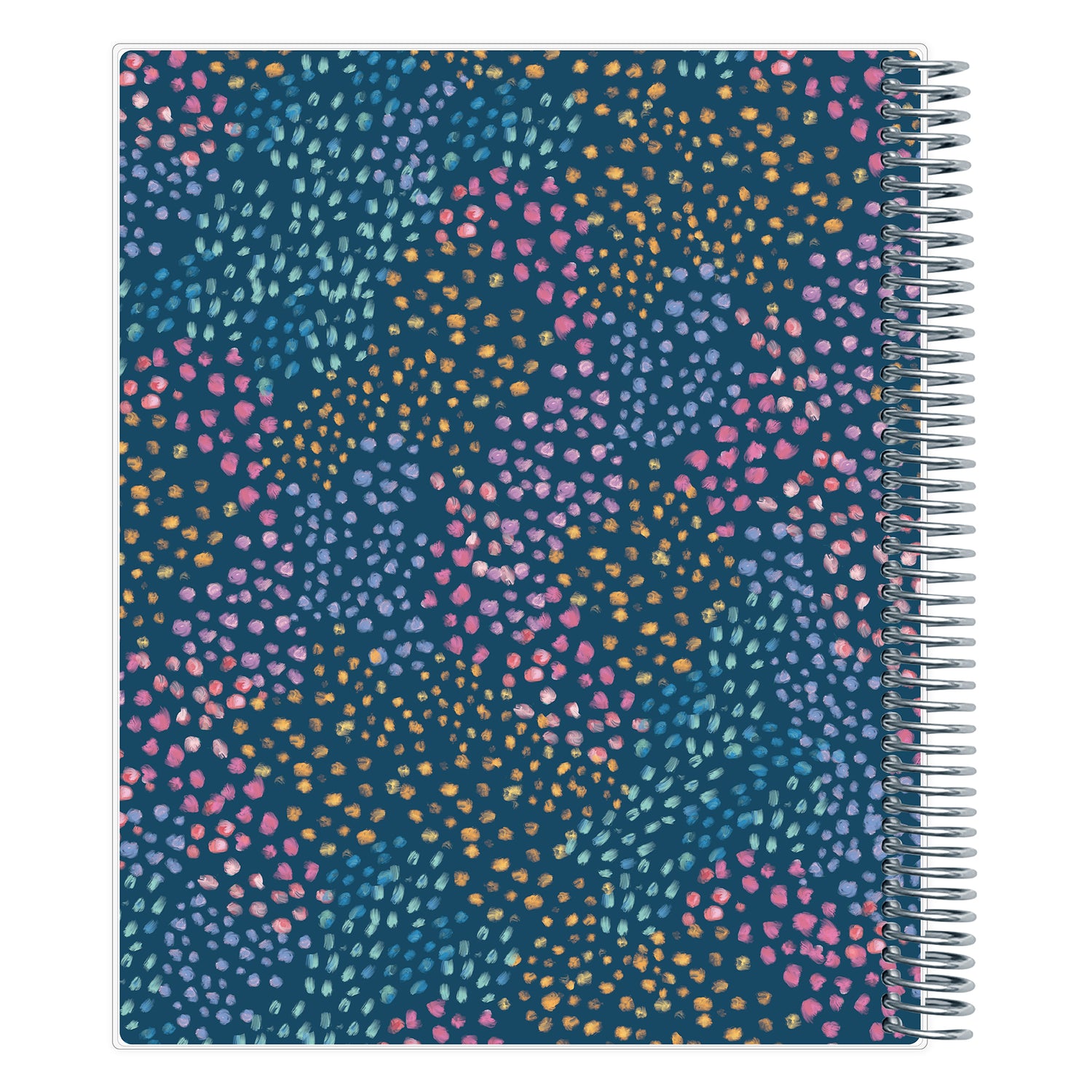 Spiral-bound teacher lesson planner with a colorful dot pattern on a blue background