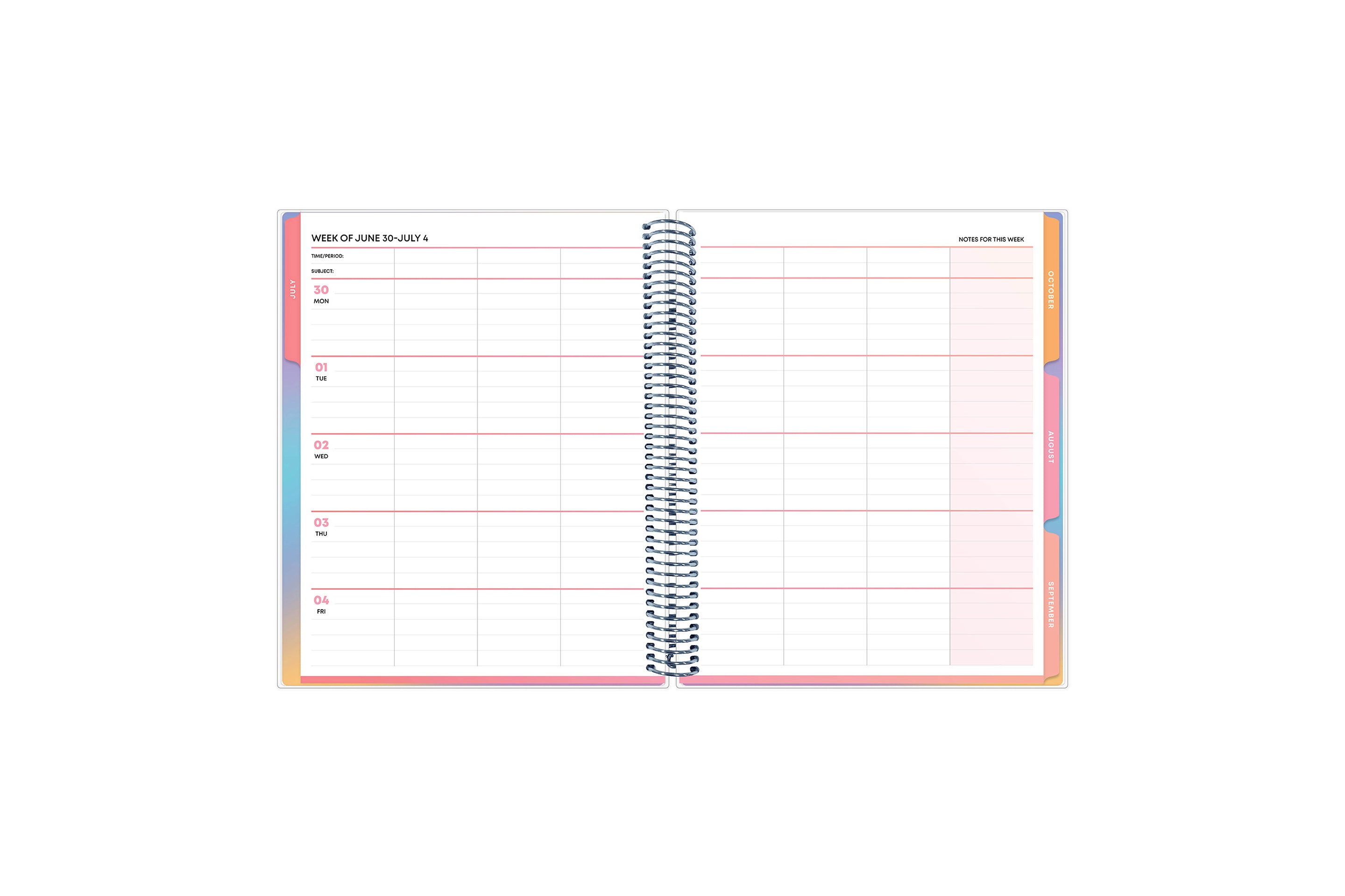 8.5x11 teacher lesson planner featuring a weekly spread with a section for each day, ample clean writing space and lined notes section