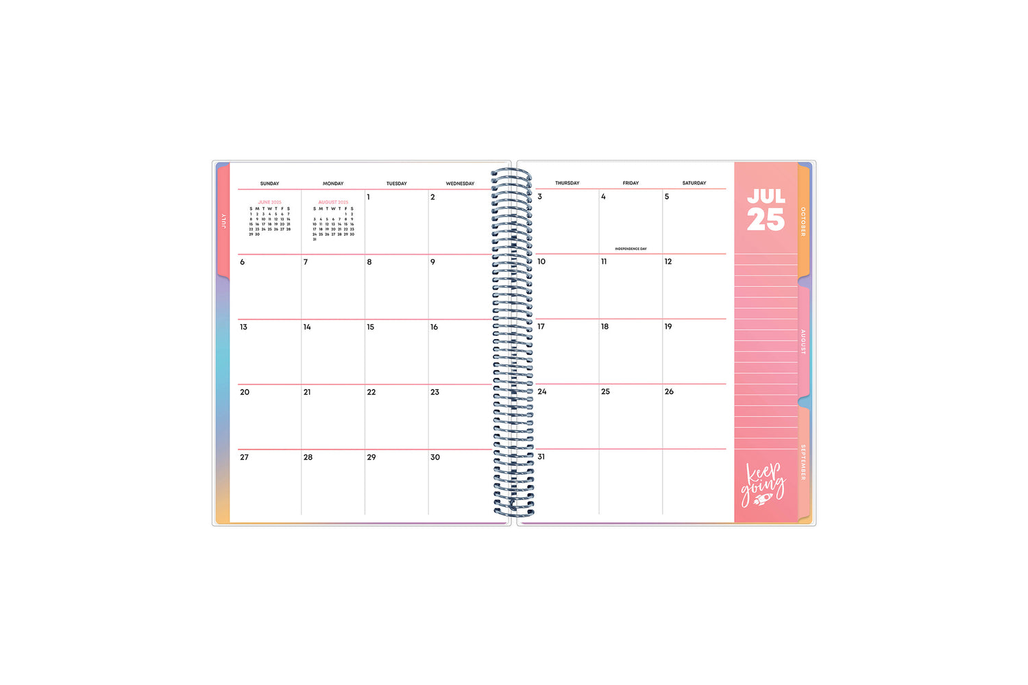 8.5x11 teacher lesson planner featuring a monthly spread with a box for each day, ample clean writing space, lined notes section, and reference calendars. 