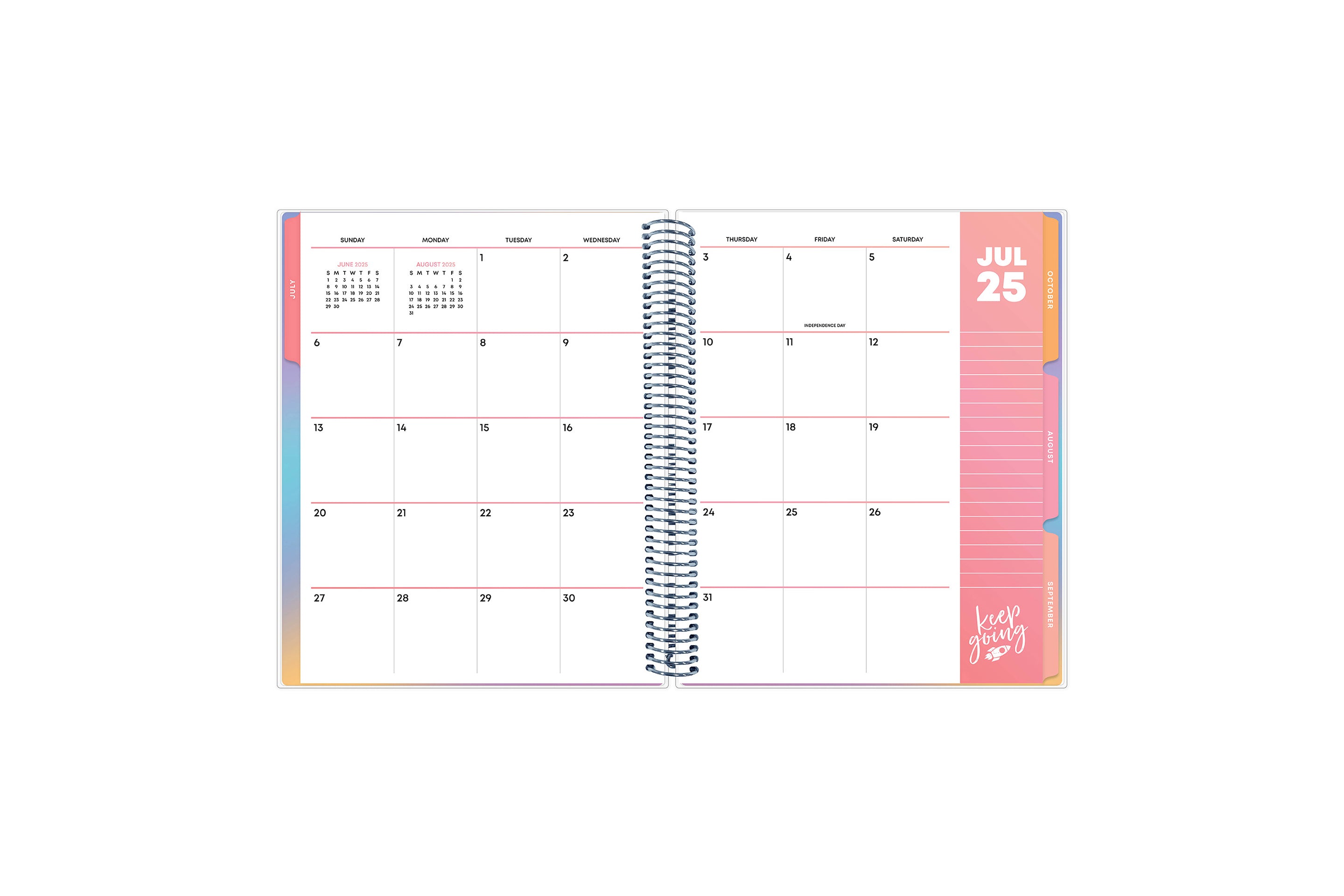 8.5x11 teacher lesson planner featuring a monthly spread with a box for each day, ample clean writing space, lined notes section, and reference calendars. 
