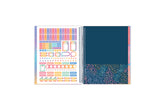 8.5x11 teacher lesson planner featuring high quality paper, storage pocket, sticker sheet, and colorful monthly tabs