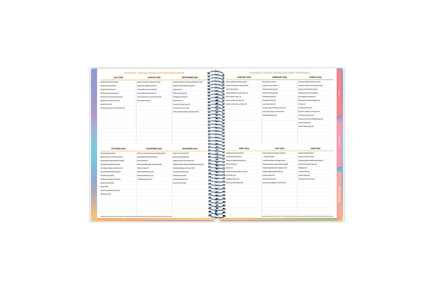 Holidays, special dates, and birthdays for students on each sheet featured for this 8.5x11 teacher lesson planner