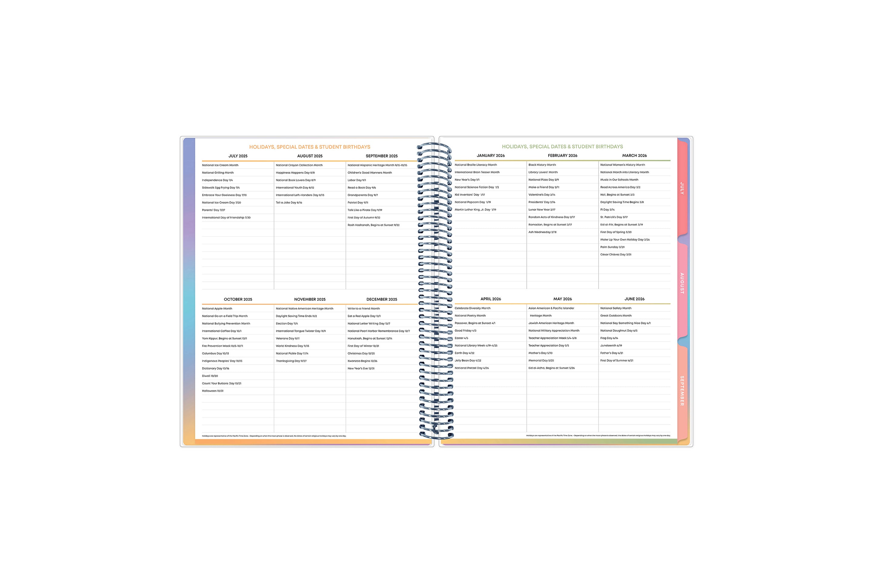 Holidays, special dates, and birthdays for students on each sheet featured for this 8.5x11 teacher lesson planner