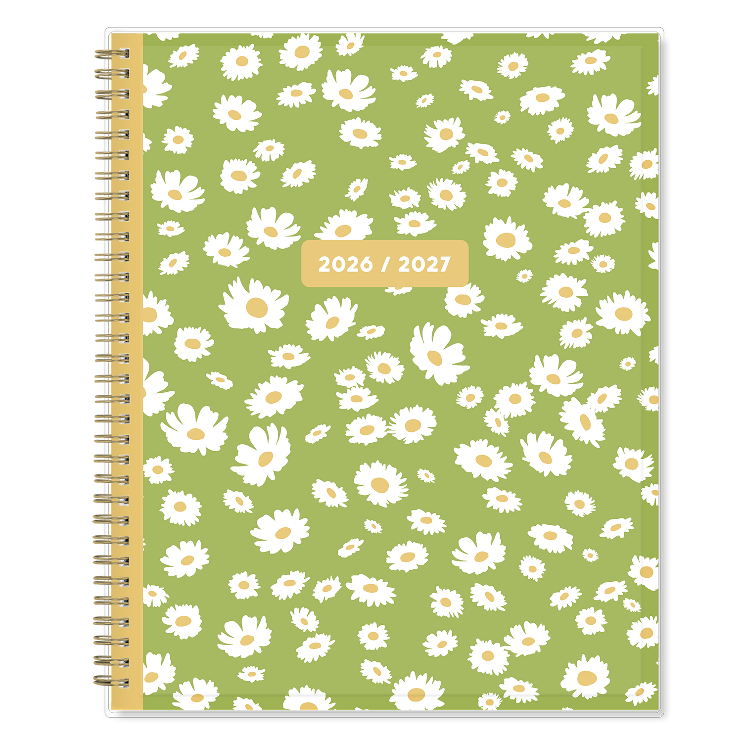 Green planner with white floral pattern and 2020/2027 label on a white background