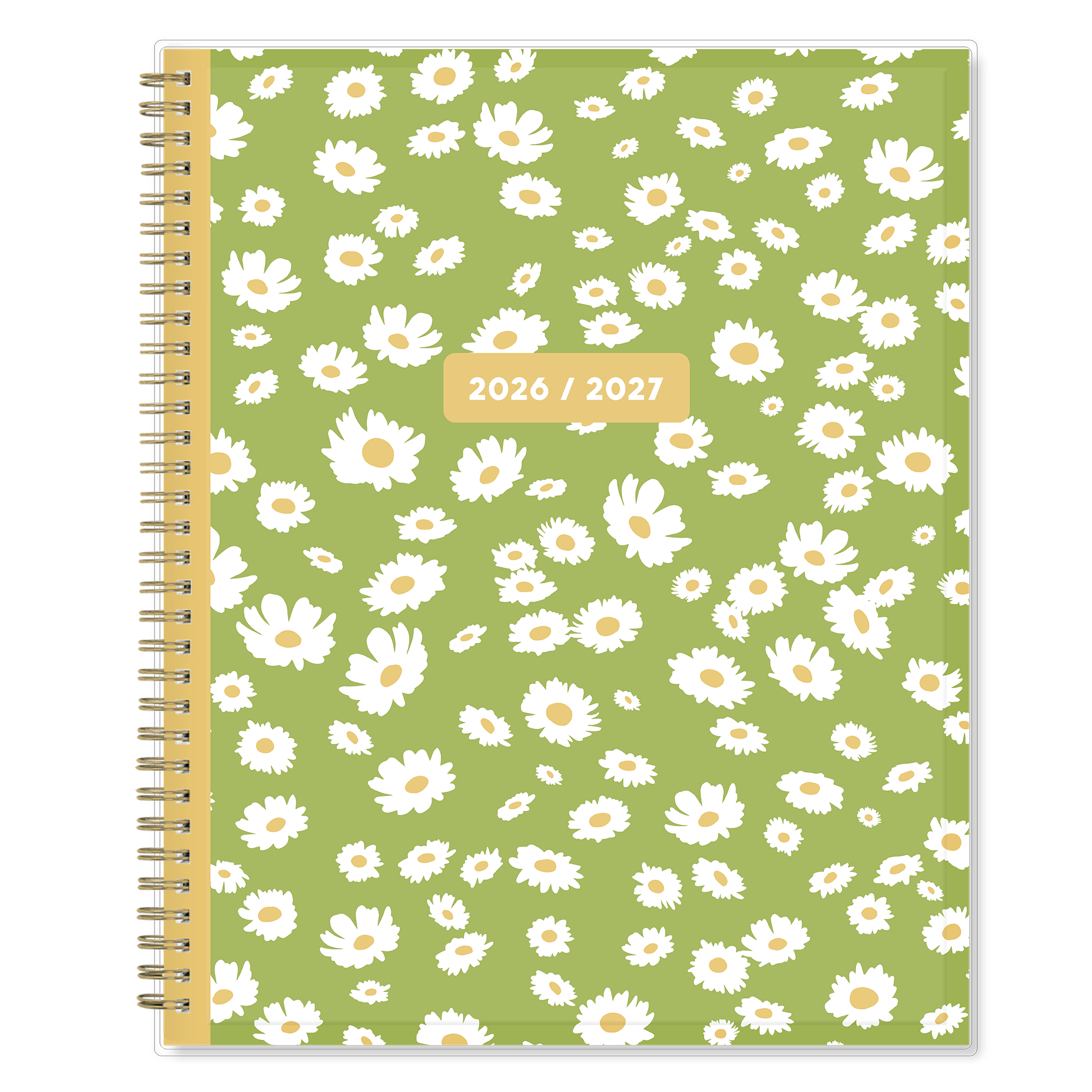Green planner with white floral pattern and 2020/2027 label on a white background