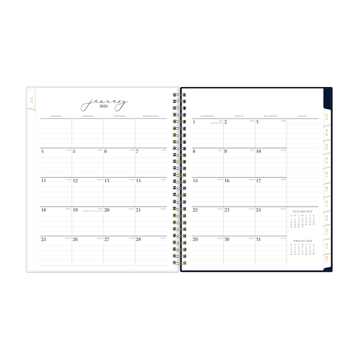 2026 monthly planner layout with lined writing space, reference calendars, lined notes section, and monthly tabs