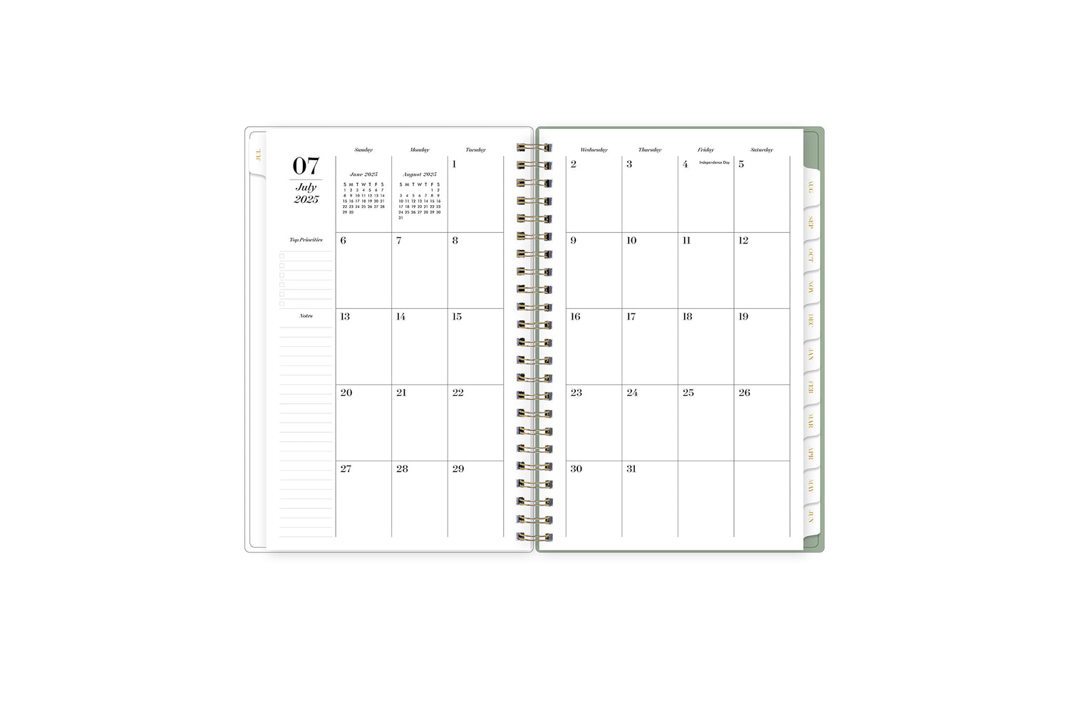 2025-2026 monthly spread featuring ample blank writing space, lined notes section, monthly tabs, and top priorities.