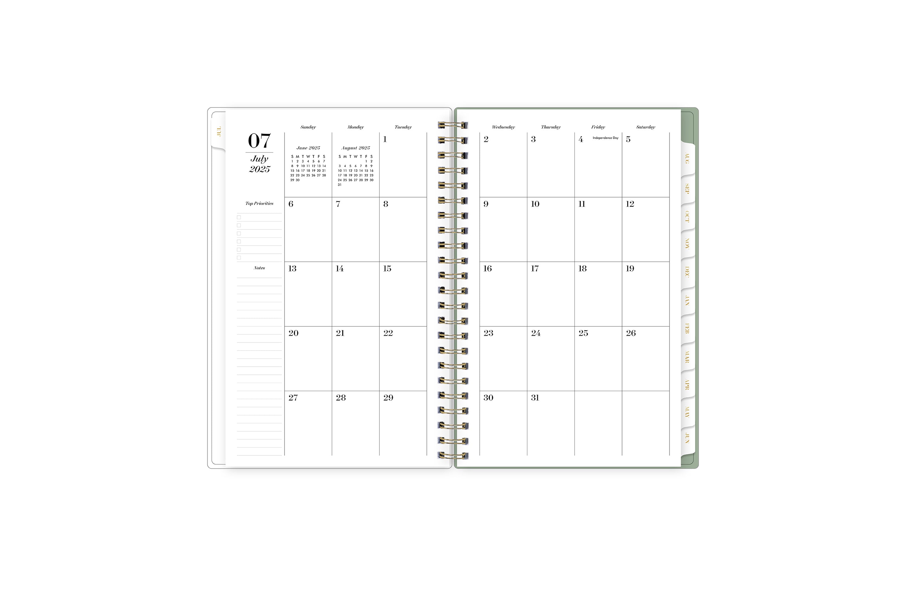 2025-2026 monthly spread featuring ample blank writing space, lined notes section, monthly tabs, and top priorities.