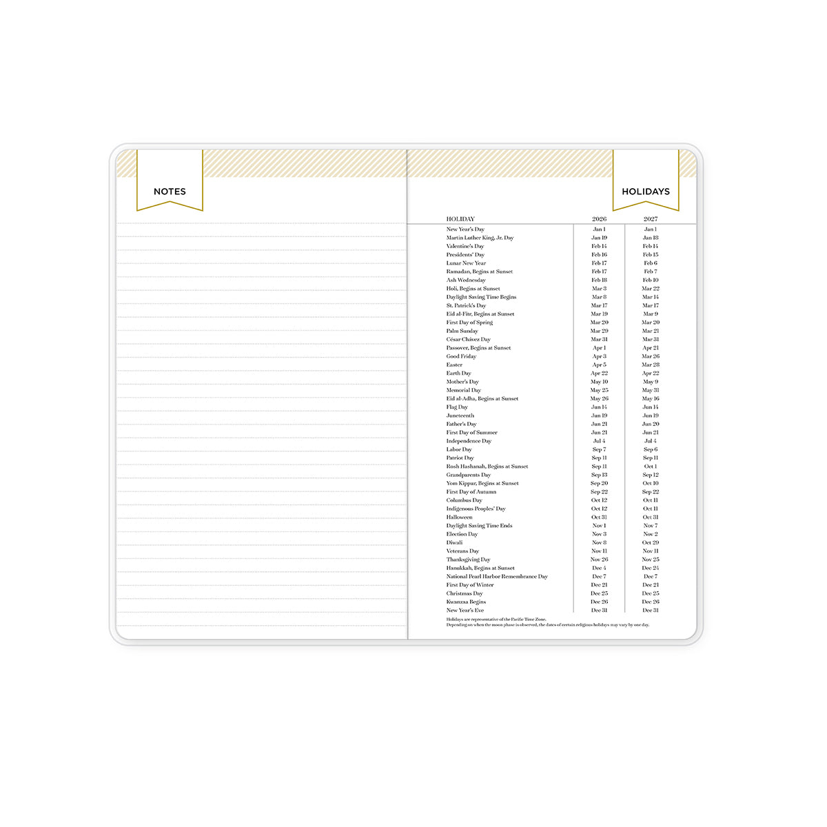 lined notes page and holiday list