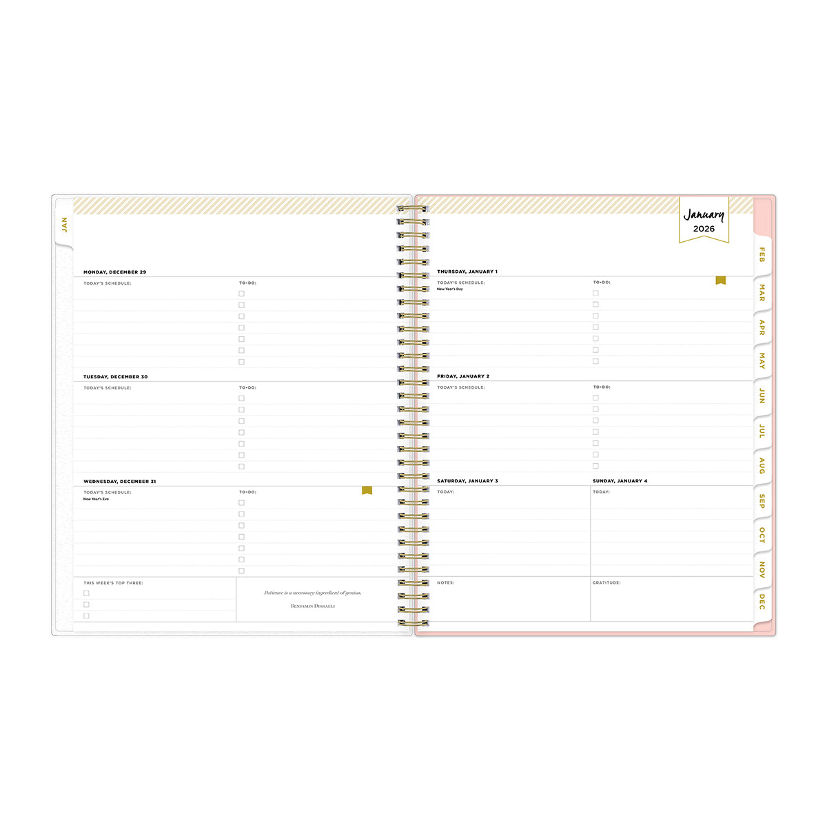 2026 weekly spread featuring lined writing space, bullet points, monthly tabs