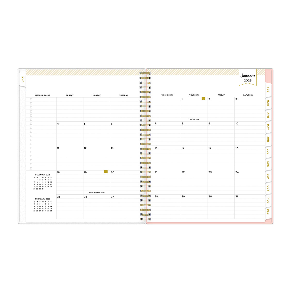 monthly spread 2026 planner featuring lined writing space, bullet points, and reference calendars.