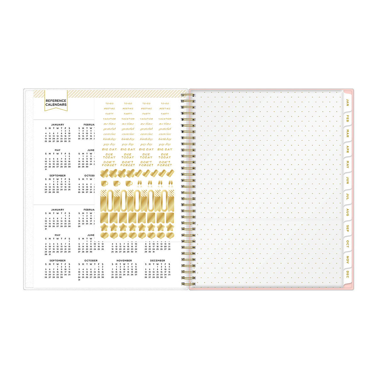 2026 and 2027 reference calendar, gold sticker sheet, and paper pocket