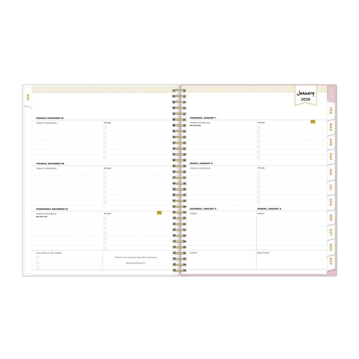 2026 weekly spread featuring lined writing space, bullet points, monthly tabs
