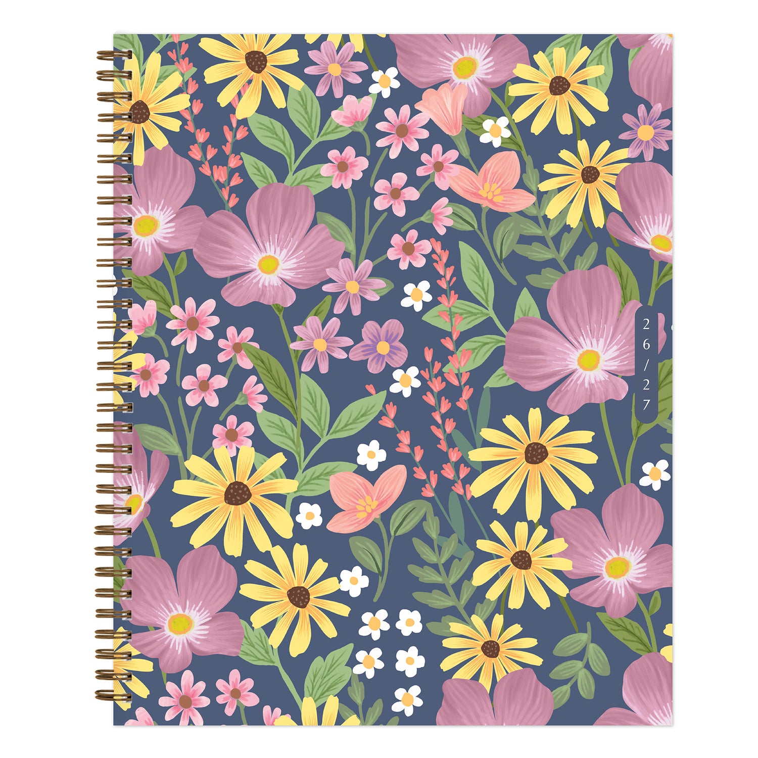 Floral front cover with pink, yellow, and purple flowers on a blue background
