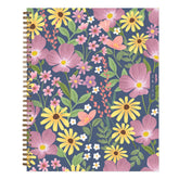 Floral front cover with pink, yellow, and purple flowers on a blue background
