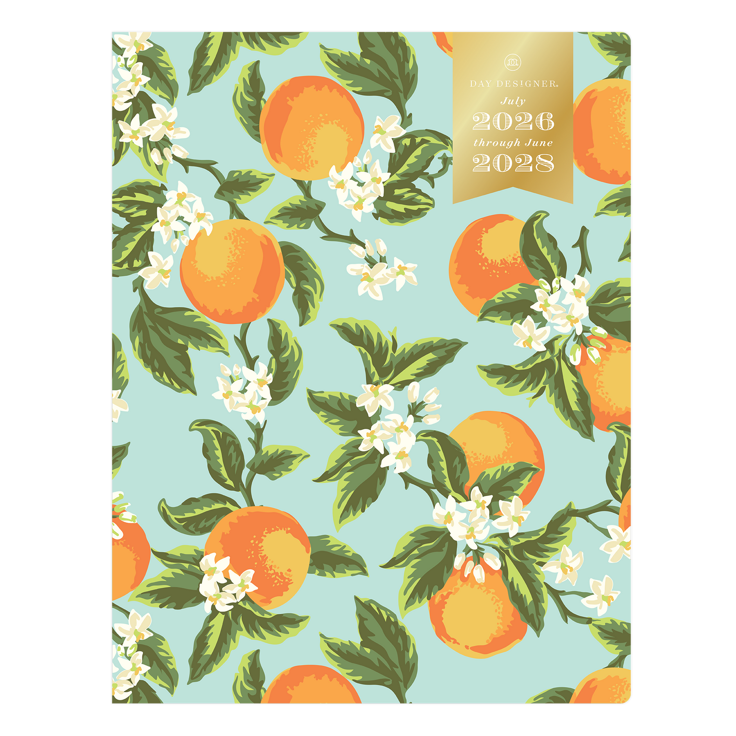 monthly planner with orange and floral design on a light blue background