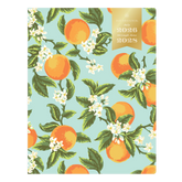 monthly planner with orange and floral design on a light blue background