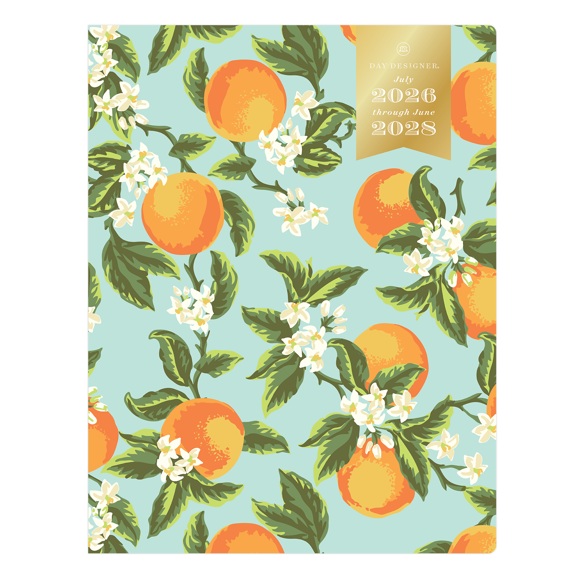 monthly planner with orange and floral design on a light blue background
