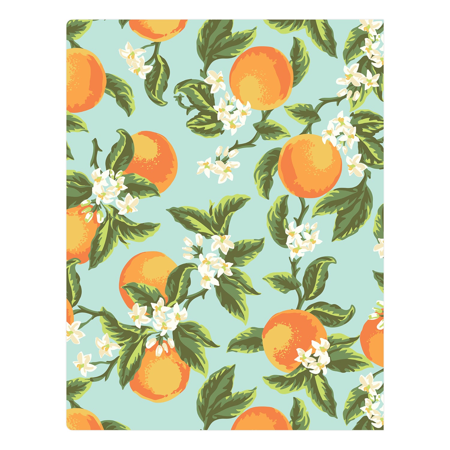 Pattern of oranges and leaves on a light blue background for this 24-monthly planner