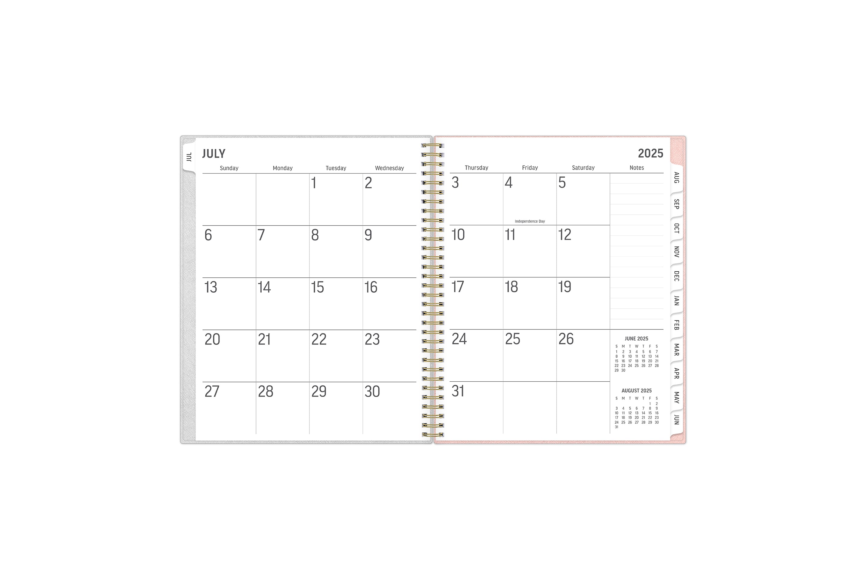 2025-2026 weekly planner featuring a monthly spread with blank writing space, reference calendars, and side section for lined notes.