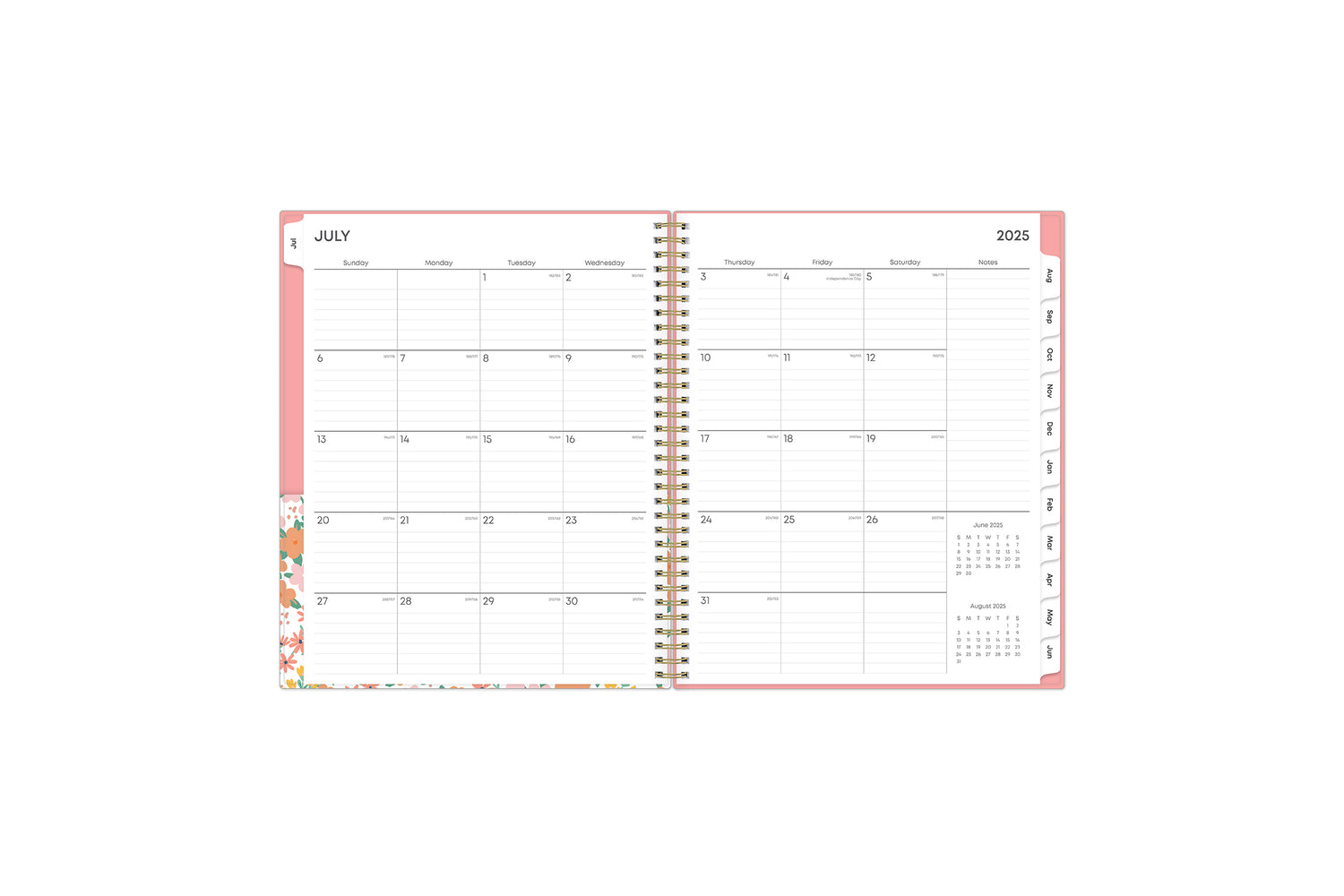 weekly monthly July 2025 - June 2026 featuring a monthly spread with lined writing space, reference calendars, and section for notes.