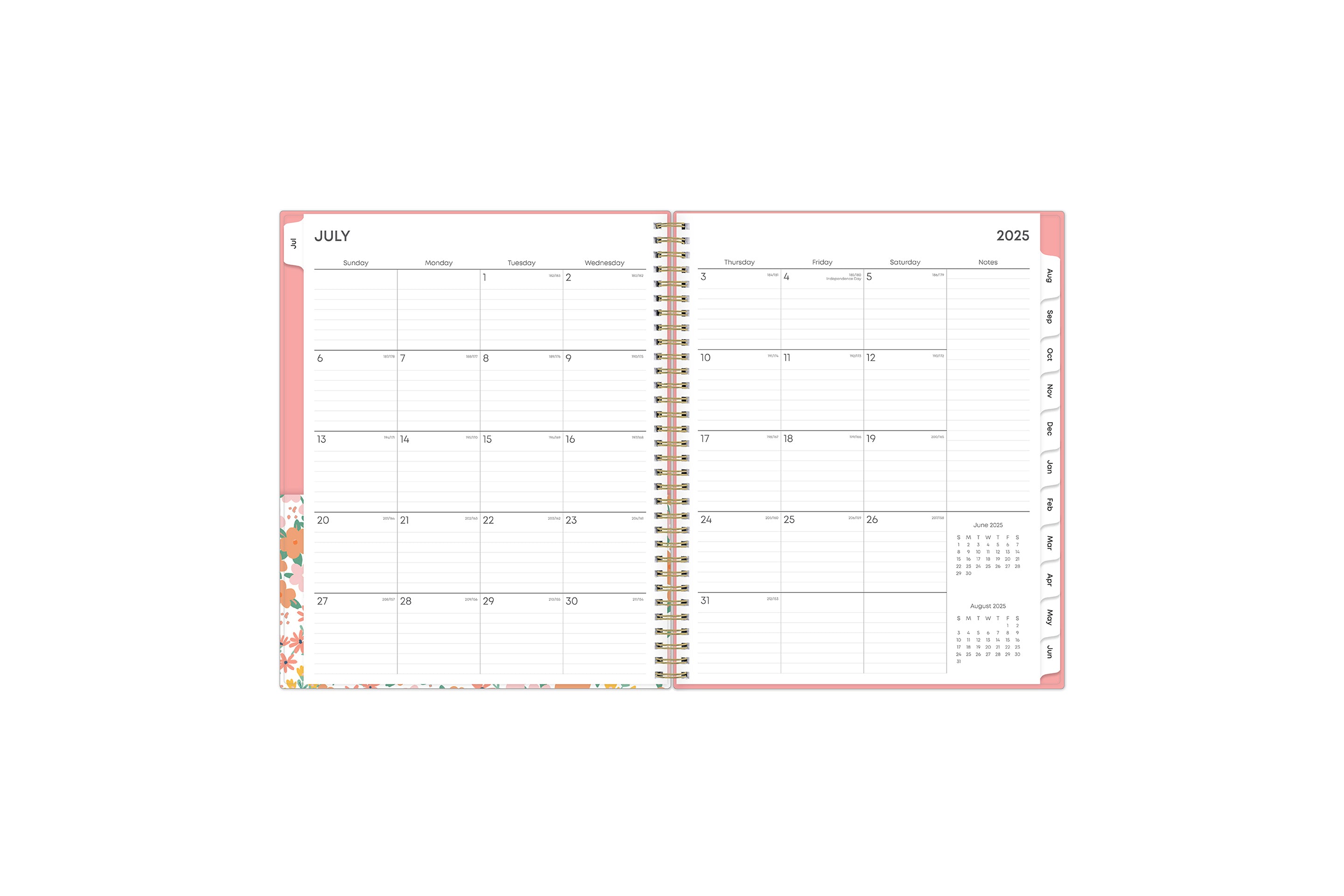 weekly monthly July 2025 - June 2026 featuring a monthly spread with lined writing space, reference calendars, and section for notes.