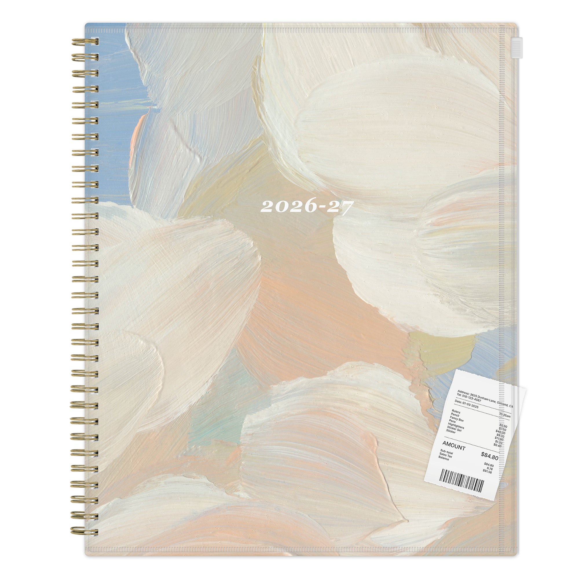Spiral-bound planner with brush stroke designs and &