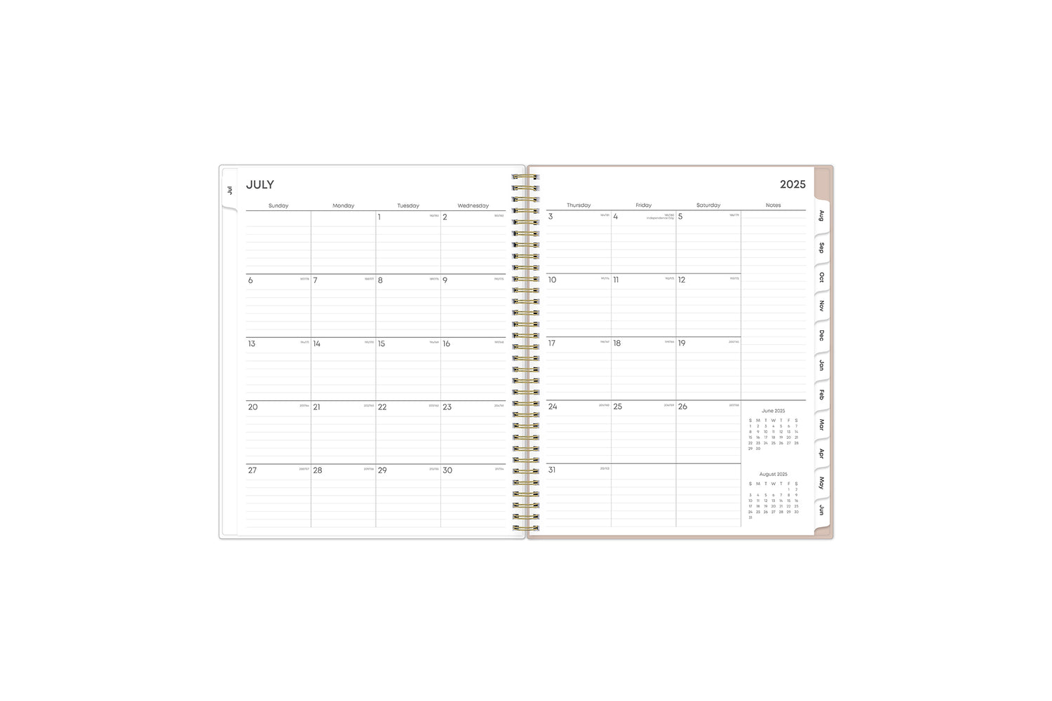 july 2025 - july 2026 weekly monthly featuring a monthly spread with lined writing space for each day for note taking, bullet points, to dos