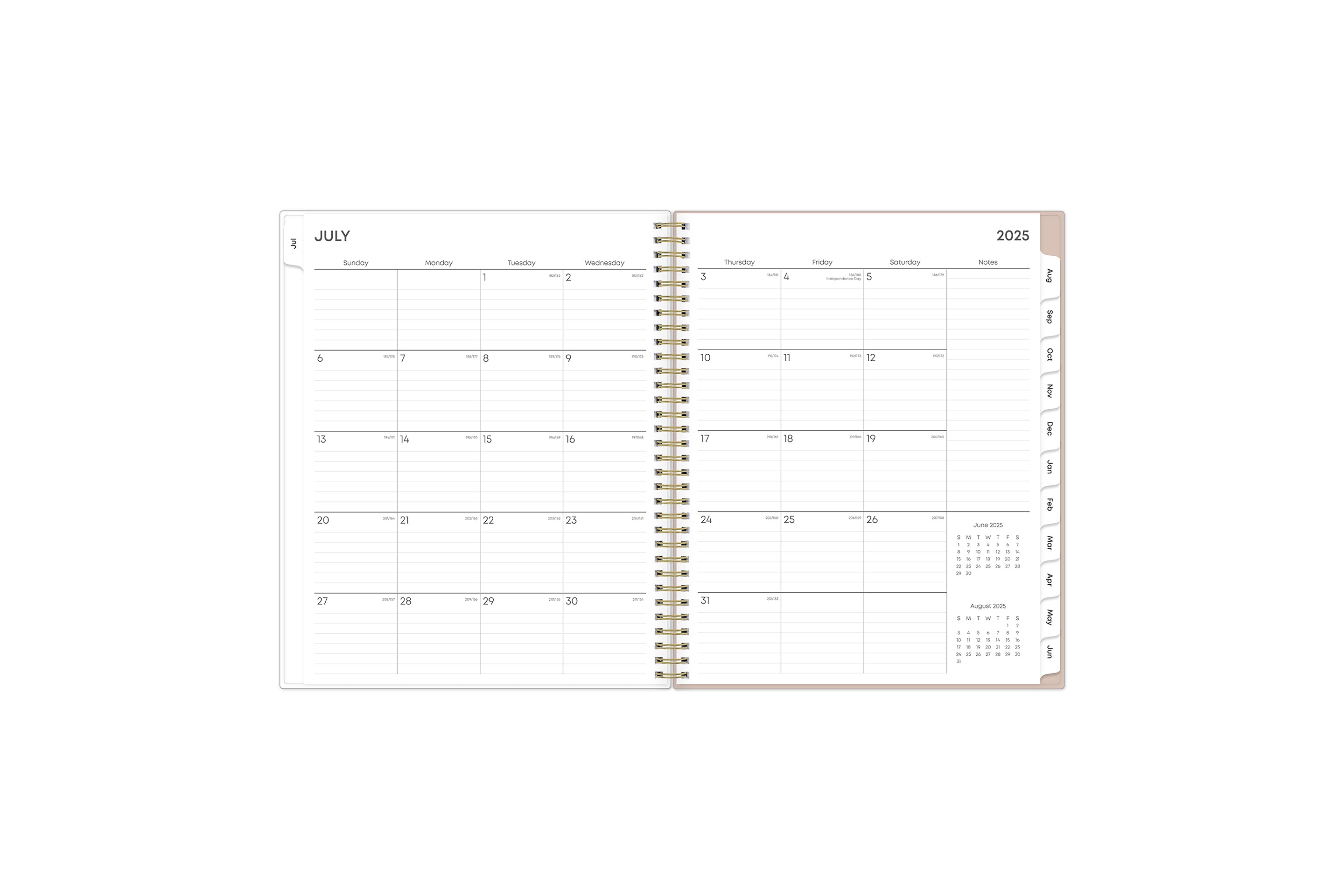 july 2025 - july 2026 weekly monthly featuring a monthly spread with lined writing space for each day for note taking, bullet points, to dos