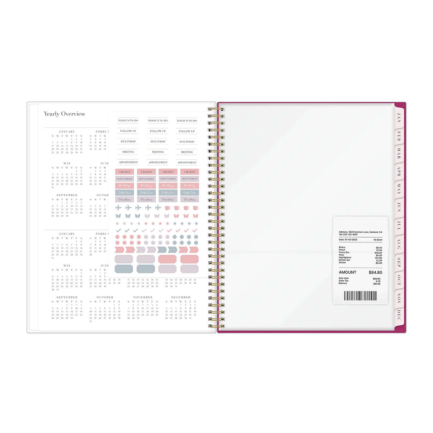 sticker sheet, 2026-2027 reference calendar, and storage pocket