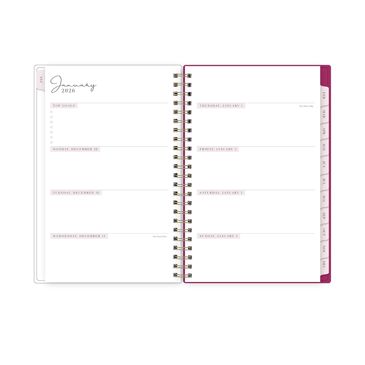 weekly monthly view from january 2026 - december 2026 featuring blank writing space, monthly tabs, and ample space in 5x8 size