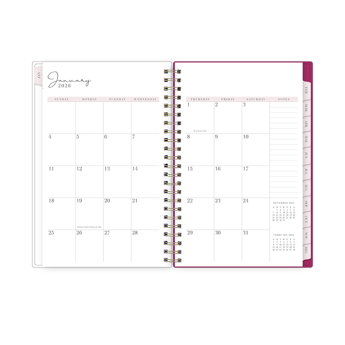 monthly spread featuring blank writing space for each dine, lined writing notes section, and reference calendars. 