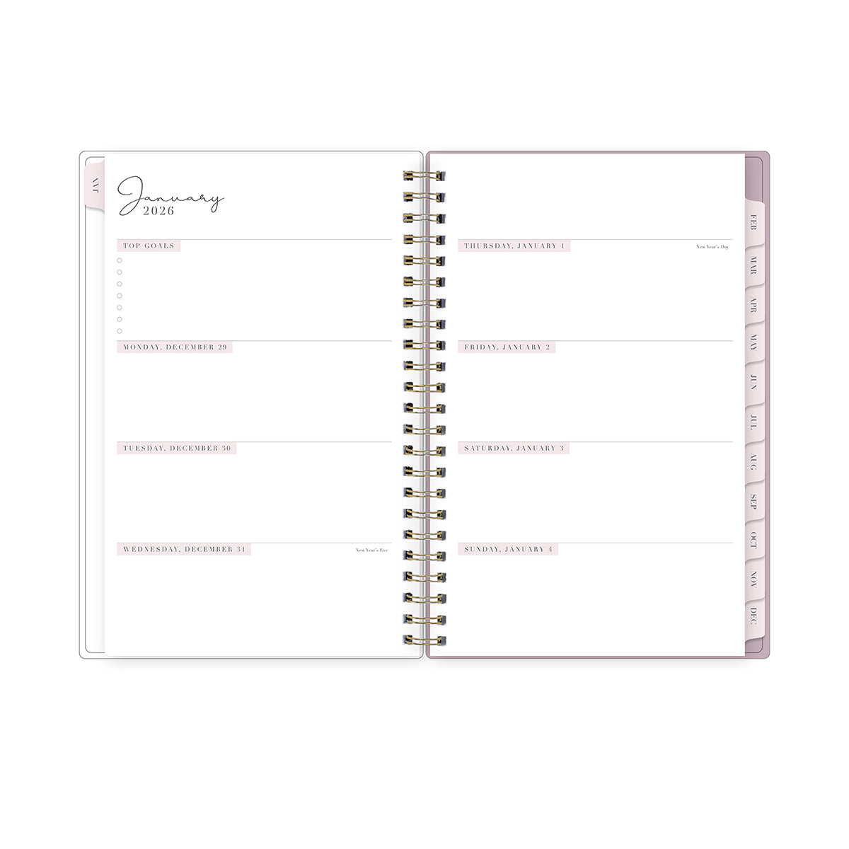 weekly monthly view from january 2026 - december 2026 featuring blank writing space, monthly tabs, and ample space