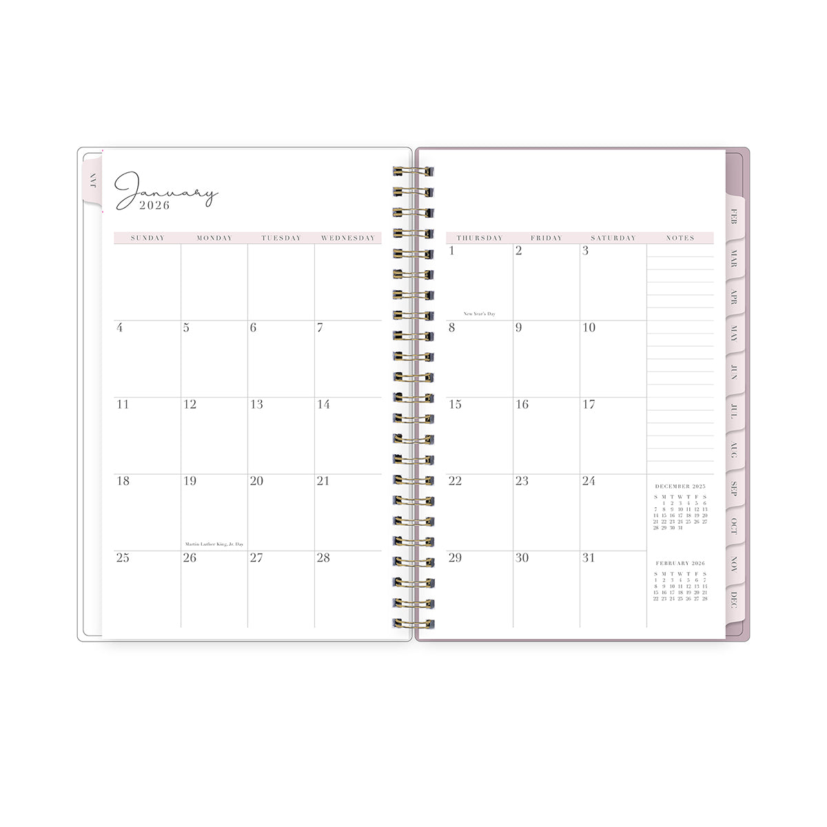 monthly spread featuring blank writing space for each dine, lined writing notes section, and reference calendars. 