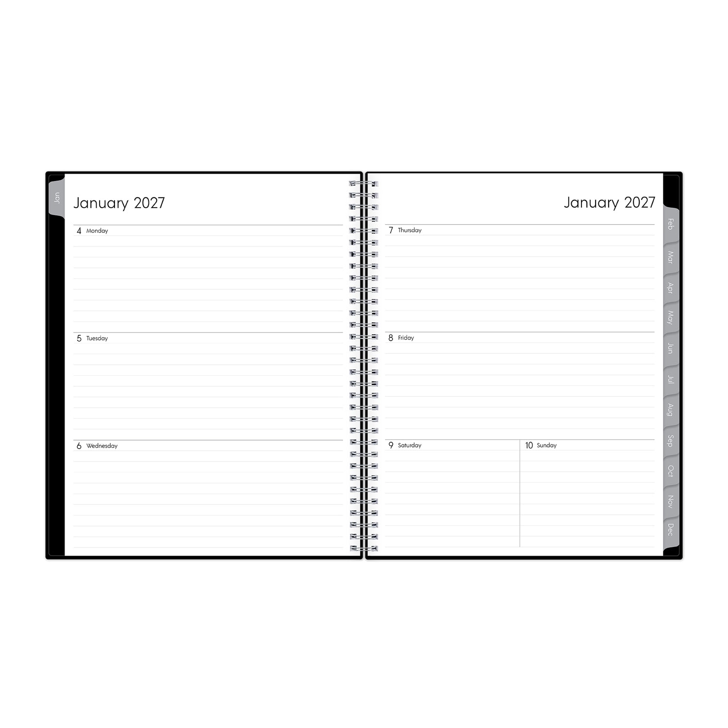 weekly spread featuring lined writing space, and gray tabs. january 2026 - december 2026