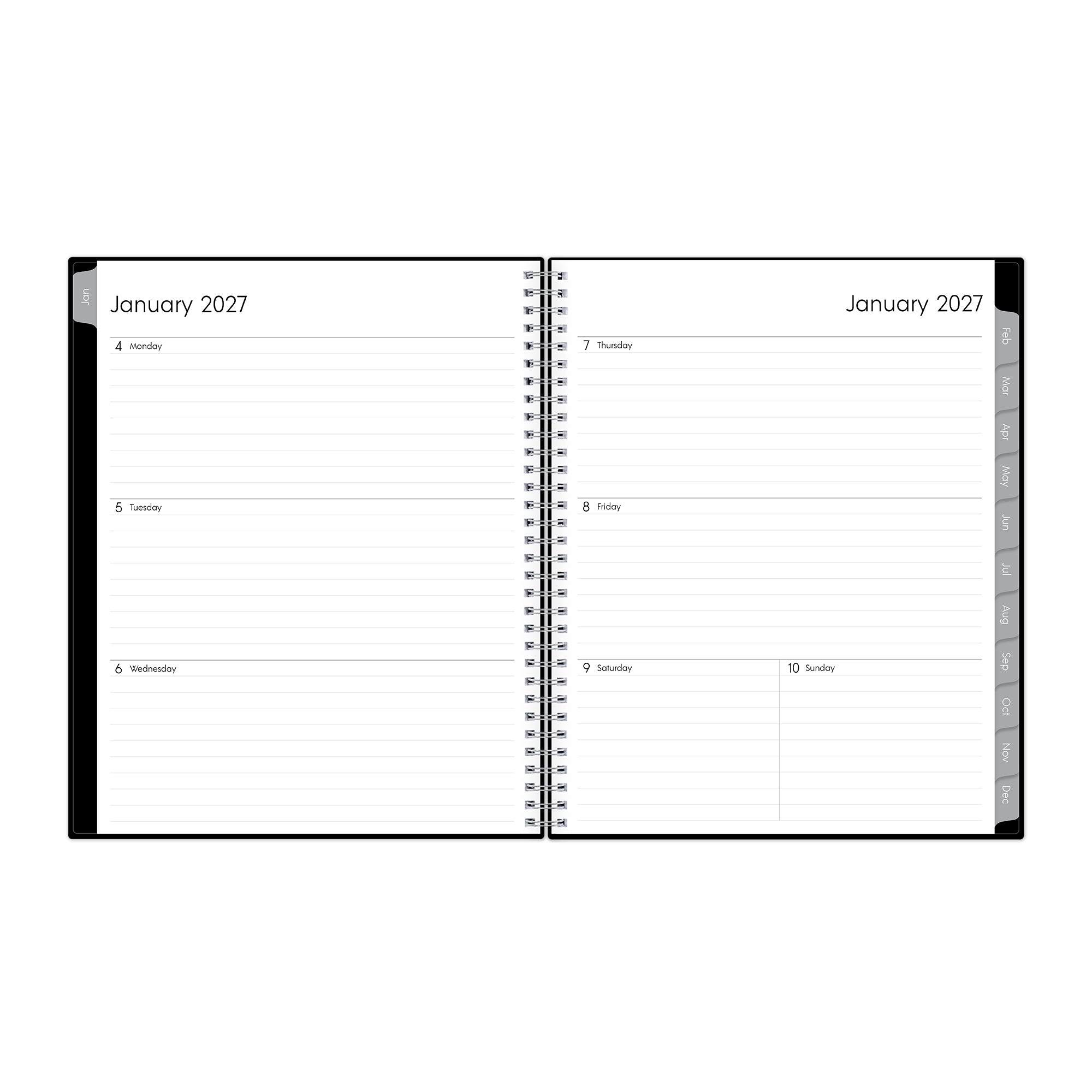 weekly spread featuring lined writing space, and gray tabs. january 2026 - december 2026
