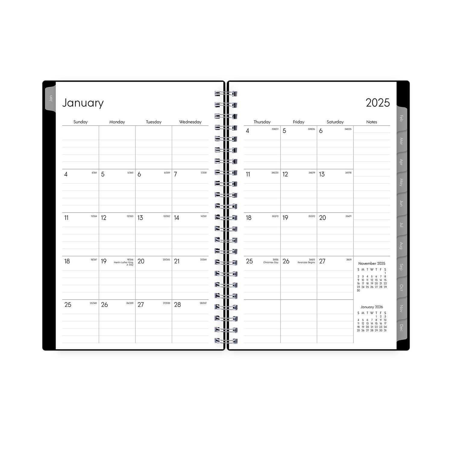 monthly spread featuring lined writing space, and gray tabs. january 2026 - december 2026 5x8 size and notes section