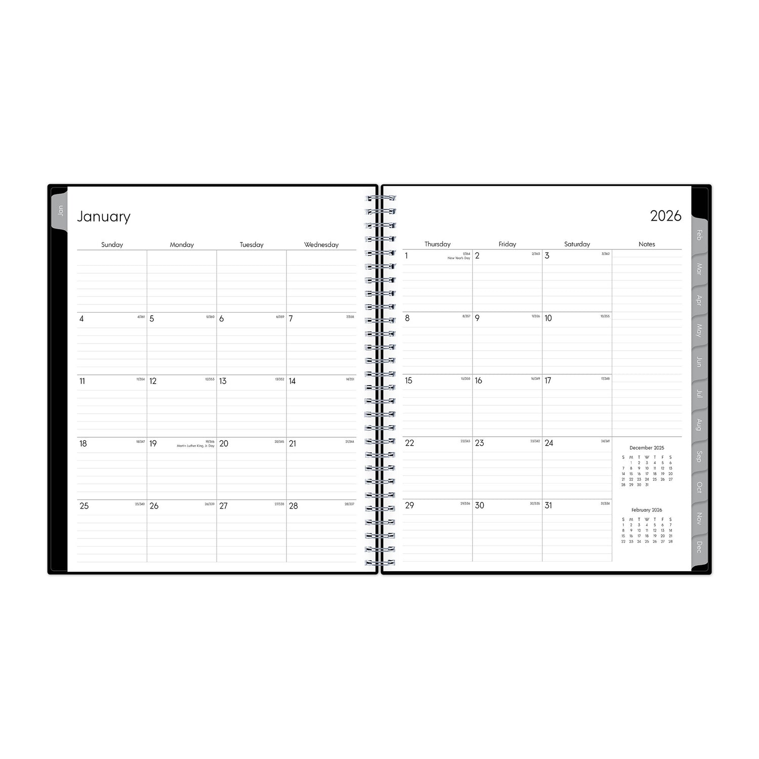 2026 monthly spread featuring lined writing space, lined notes section, reference calendars, monthly gray tabs.