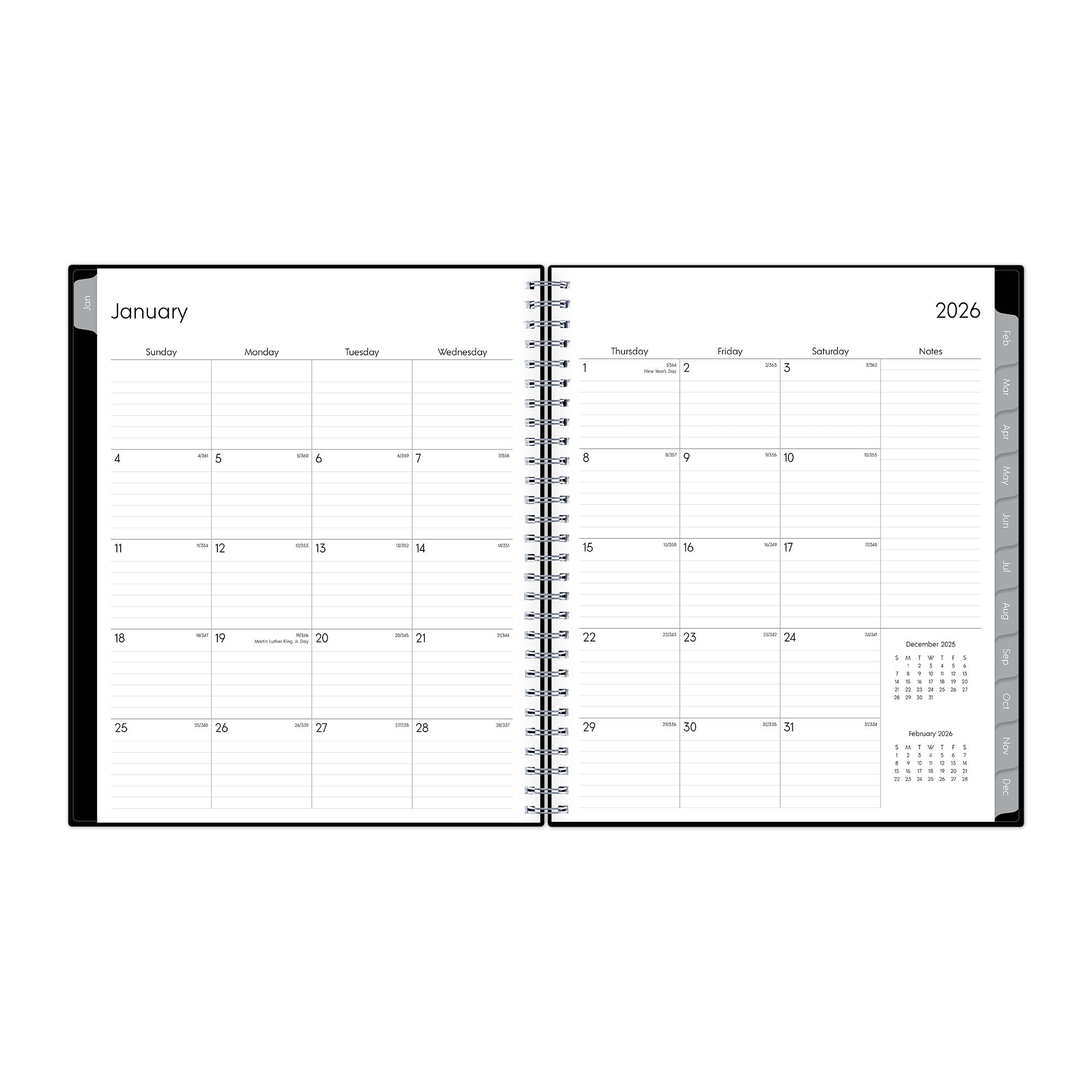 2026 monthly spread featuring lined writing space, lined notes section, reference calendars, monthly gray tabs.