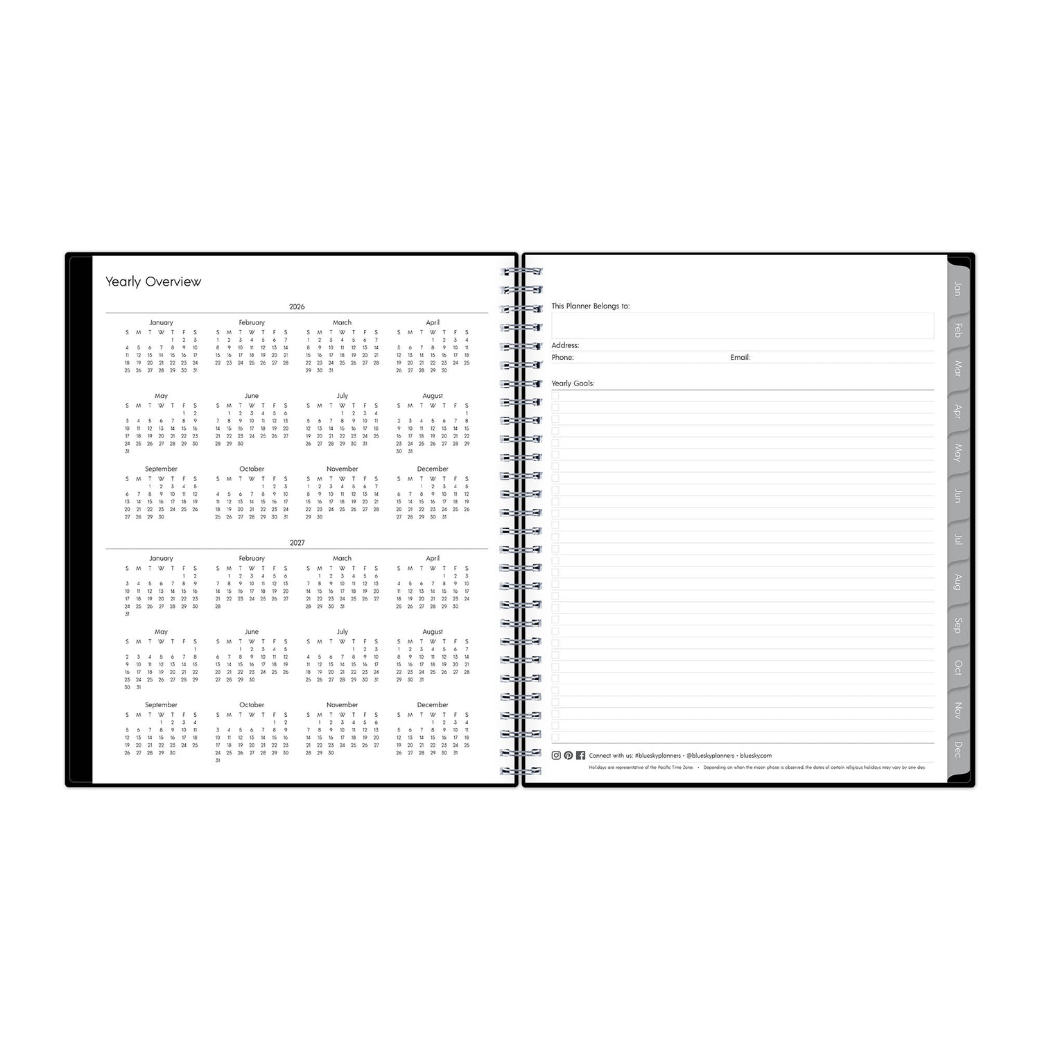 yearly overview for 2026 and 2027 calendar year with contacts page and grey monthly tabs