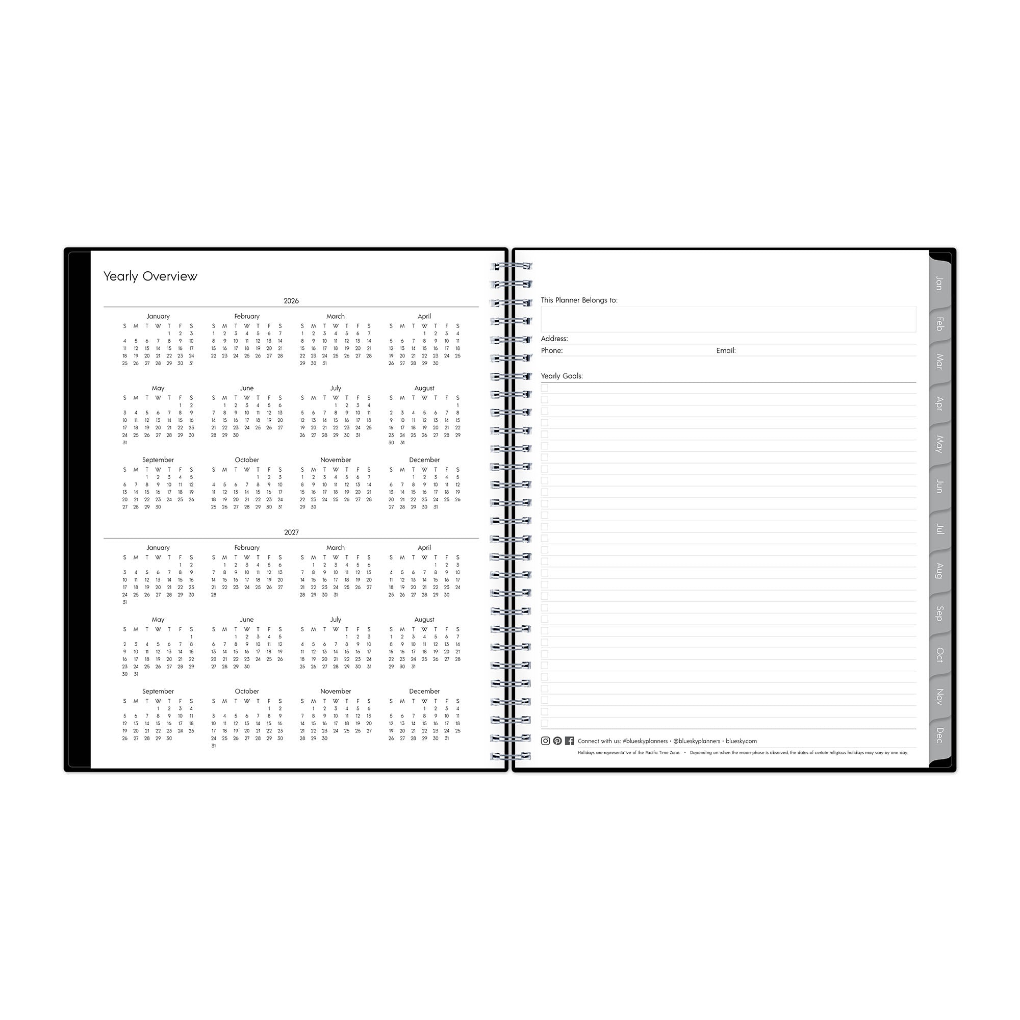 yearly overview for 2026 and 2027 calendar year with contacts page and grey monthly tabs
