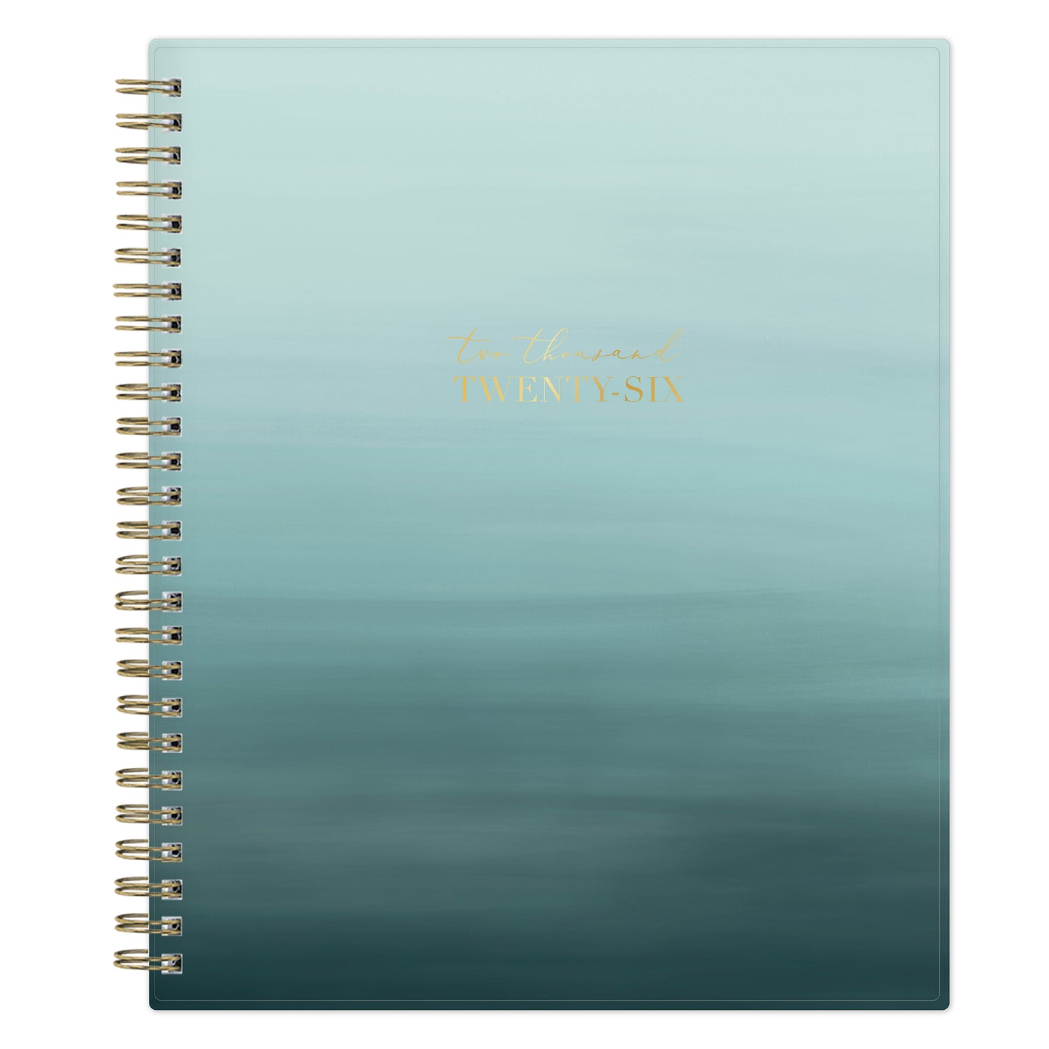 Light blue ocean ombre spiral-bound notebook with gold text on a white background