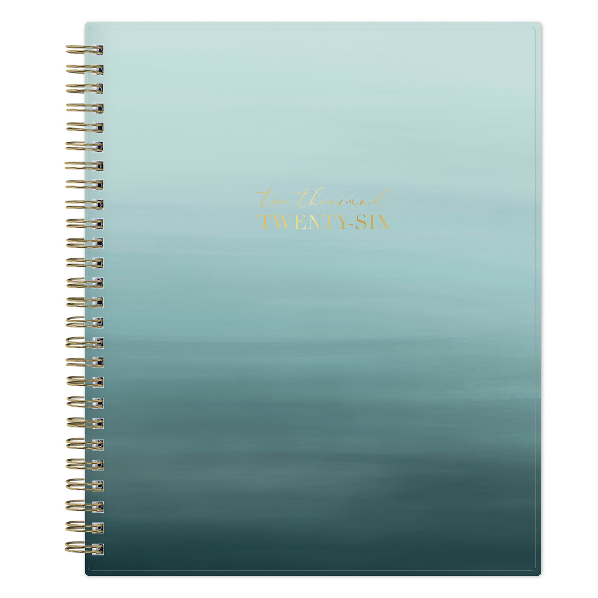 Light blue ocean ombre spiral-bound notebook with gold text on a white background