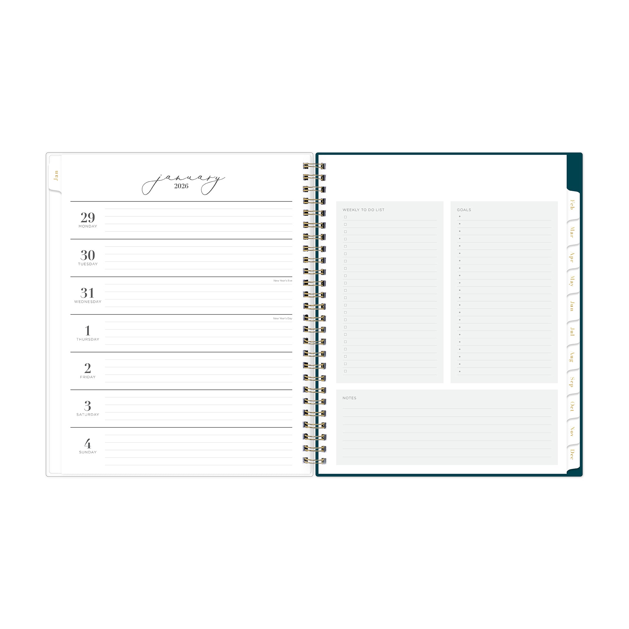 The new and improved Life Note It 2026 weekly planner features a weekly spread with clean white writing space, to do list, goals, and notes section for every important detail needed for planning a successful week in a 7x9 planner size