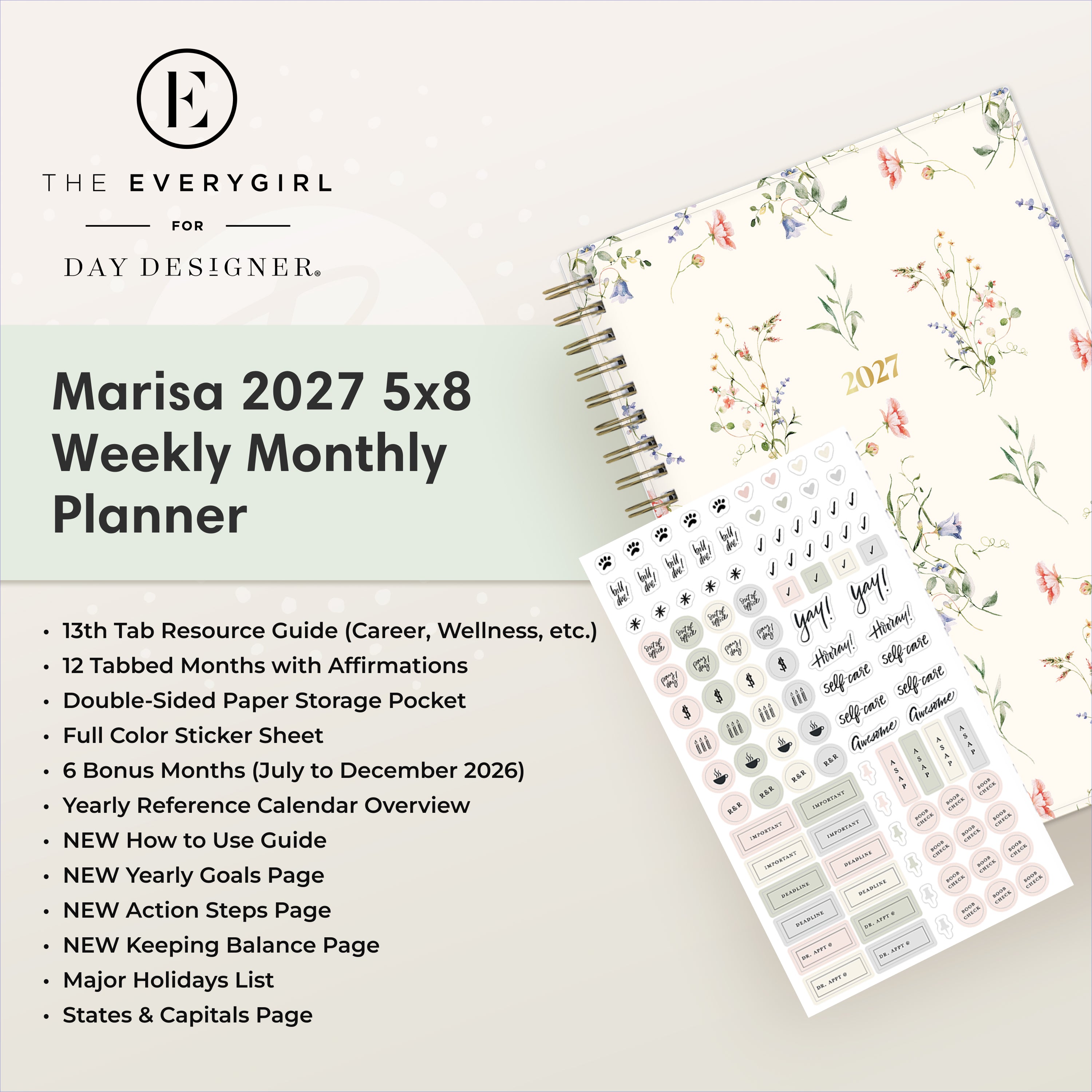 planner featuring bonus content like yearly overview, important dates, holidays, states and capitals
