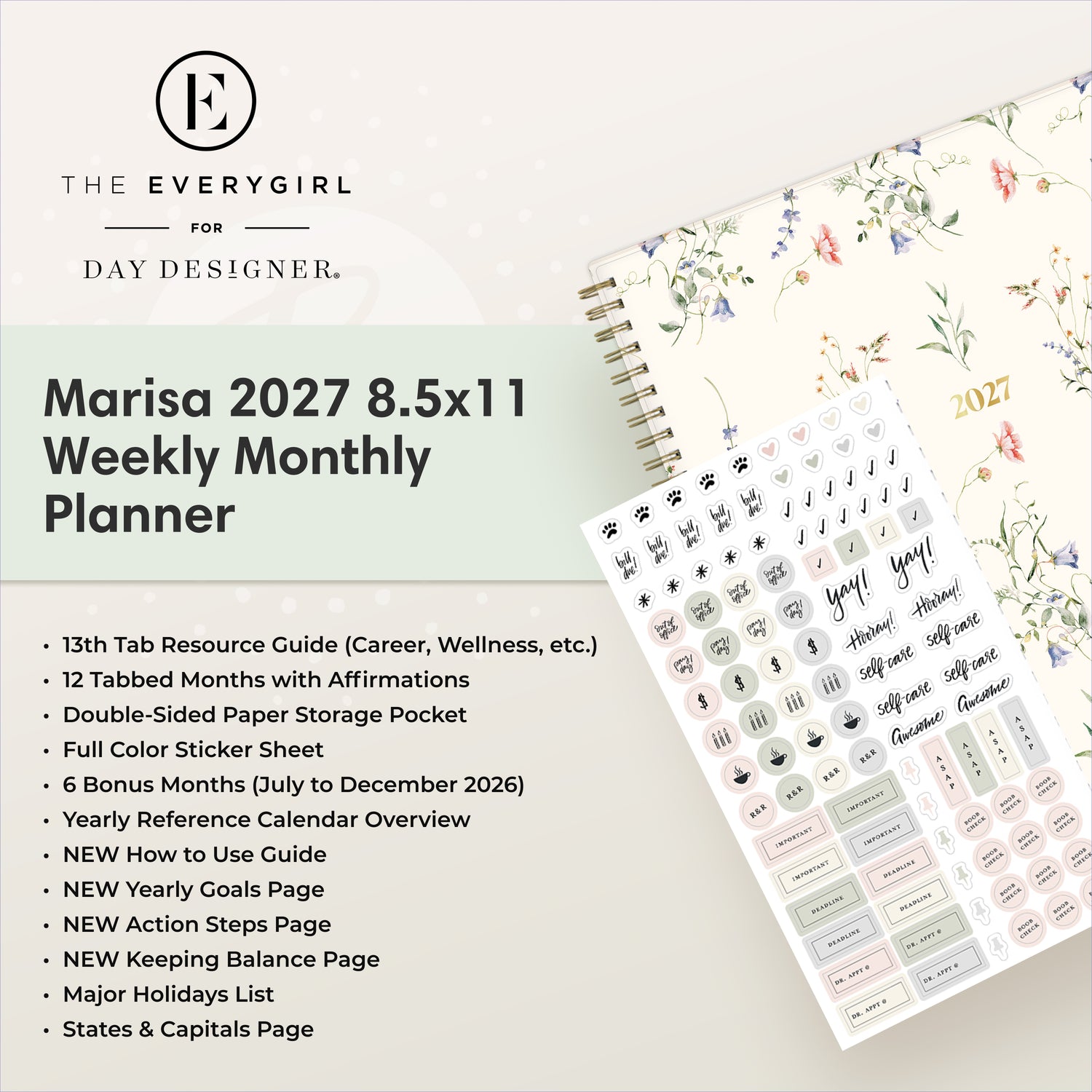 planner featuring bonus content like yearly overview, important dates, holidays, states and capitals