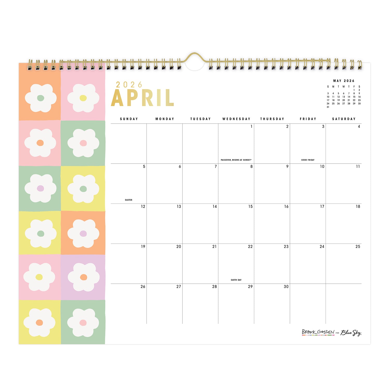 April 2026 calendar with floral design on a white background and checkered daisies 